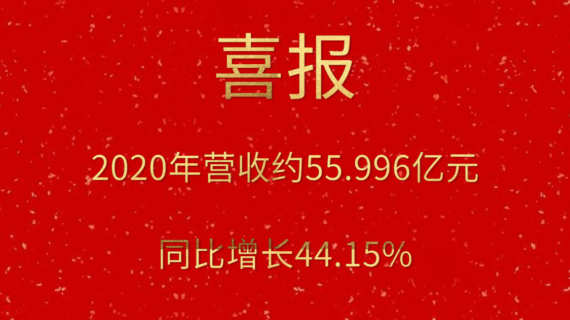 喜报！2020年营收约55.996亿元，，，，，，，同比增添44.15%